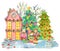 Watercolor illustration with family singing carols, beautiful cottage house, decorated conifer and nature isolated on white