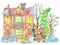 Watercolor illustration with family singing Christmas carols, funny animal, beautiful vintage houses and nature isolated on white