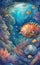 Watercolor illustration of a fantastic submarine, tropical coral reefs, deep sea wallpaper with colorful fish, shells