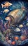 Watercolor illustration of a fantastic submarine, tropical coral reefs, deep sea wallpaper with colorful fish, shells