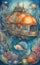 Watercolor illustration of a fantastic submarine, tropical coral reefs, deep sea wallpaper with colorful fish, shells