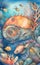 Watercolor illustration of a fantastic submarine, tropical coral reefs, deep sea wallpaper with colorful fish, shells