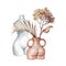 watercolor illustration. Female body shaped vase, minimalist bouquet. Dried hydrangea flower and palm leaf. Herbarium clip art