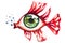 watercolor illustration, fish-eye, on white background red fish, green eyes, creative character