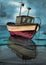 Watercolor illustration of a fishing boat painted in red and beige