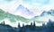 Watercolor illustration of foggy mountains peaks and spruce trees, distant hills and rocks, misty nature illustration