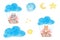 Watercolor illustration of forest animals with a small fox, a raccoon, in clouds with stars. Children are cute. Suitable for