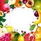 Watercolor illustration, frame of fruits. Vegetarian food. Apple, pear, pomegranate, grapes, lemon, plum, banana and peach
