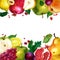 Watercolor illustration, frame of fruits. Vegetarian food. Apple, pear, pomegranate, grapes, lemon, plum and peach.