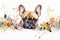 Watercolor illustration of french bulldog surrounded by flowers and splashes of watercolor paint