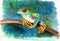 Watercolor illustration of funny colorful frog