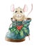 Watercolor illustration of a funny little mouse, sitting in the shoe. Hand drawn cute rat in a boot with holly leaves.