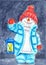 Watercolor illustration of a funny snowman in a blue jacket and pants, wearing a red cap and gloves