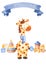 Watercolor illustration with giraffe, toys and ribbon.