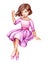 Watercolor illustration, girl in pink dress, cute little coquette, ballerina, sitting pose, isolated on white background