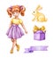 Watercolor illustration, girl in yellow top and violet skirt, cute little coquette, Easter holiday set, bunny, gift box, clip art