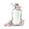 Watercolor illustration of a glass bottle with apple blossoms. Delicate buds and a bottle with a rope and a cork. For