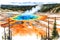 Watercolor illustration of the grand prismatic pool, Yellowstone National Park.