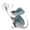 Watercolor illustration. Gray mouse with dandelion on white background