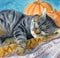 Watercolor illustration of a gray tabby cat sleeping comfortably in warm blankets