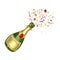 Watercolor illustration of green champagne bottle is popping with colorful confetti. Hand drawn concept for New Year,