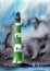 A watercolor illustration of a green and white striped lighthouse against a stormy sky