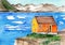 Watercolor illustration of a Greenland landscape with an orange house