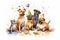 Watercolor illustration of a group of dogs with a birthday hat and gifts. Generative AI