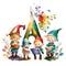 Watercolor illustration of a group of gnomes with a letter A AI Generated animal ai