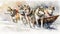 Watercolor illustration of a group of siberian husky sled dogs