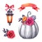 Watercolor illustration, Halloween clip art, autumn design elements, lantern, rose flowers, pumpkin, fall, holiday clip art