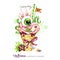 Watercolor illustration. Halloween holidays card. Hand painted waffle cone, human eye with cream and worms. Funny ice