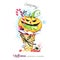 Watercolor illustration. Halloween holidays card. Hand painted waffle cone, pumpkin with poisonous stuffing, eye . Funny