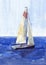 Watercolor illustration, hand drawn sailboat. Art print deep blue yacht sails