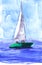 Watercolor illustration, hand drawn sailboat. Art print emerald yacht sails