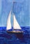 Watercolor illustration, hand drawn sailboat. Art print yacht sails, blue sky and deep ultramarine