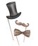 Watercolor illustration of hand painted black long gentleman hat, brown neck tie bow, moustaches on sticks