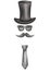 Watercolor illustration of hand painted black long gentleman hat, neck tie, moustaches, sunglasses. Man silhouette