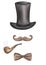 Watercolor illustration. Hand painted black long hat, brown smoking pipe, bow tie, moustaches. Man silhouette