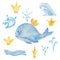 Watercolor illustration of hand painted blue whale, golden crowns, splash of water, waves. Cartoon dolphin