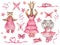 Watercolor illustration of hand painted grey koala bear, brown giraffe and owl bird. Girls in dance studio in pink dresses, ballet