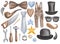 Watercolor illustration of hand painted man tools: saw, hammer, nail, screw driver, turn screw, overall. Gentleman top hat