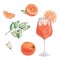 Watercolor illustration of hand painted orange cocktail in glass with slice of orange fruit, green leaves, flowers, cubical ice