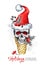 Watercolor illustration. Hand painted waffle cone with skull in Santa hat. Funny ice cream dessert. Christmas, New Year