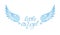 Watercolor illustration of handwritten blue text little angel and wings.