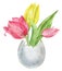 Watercolor illustration Happy Easter. Spring flowers in the egg shell. Greeting card. Pink and Yellow tulips in shell