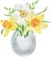 Watercolor illustration Happy Easter. Spring flowers in the egg shell. Greeting card. Yellow daffodils in the shell