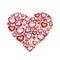 Watercolor illustration of heart shape made from different jewelry ruby hearts, rings and diamonds.