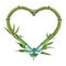 Watercolor illustration heart-shaped bamboo frame with jute rope, leaves and dragonfly. Dry, brown bamboo, stems. For