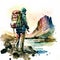 Watercolor illustration of a hiker with a backpack on the shore of a mountain lake